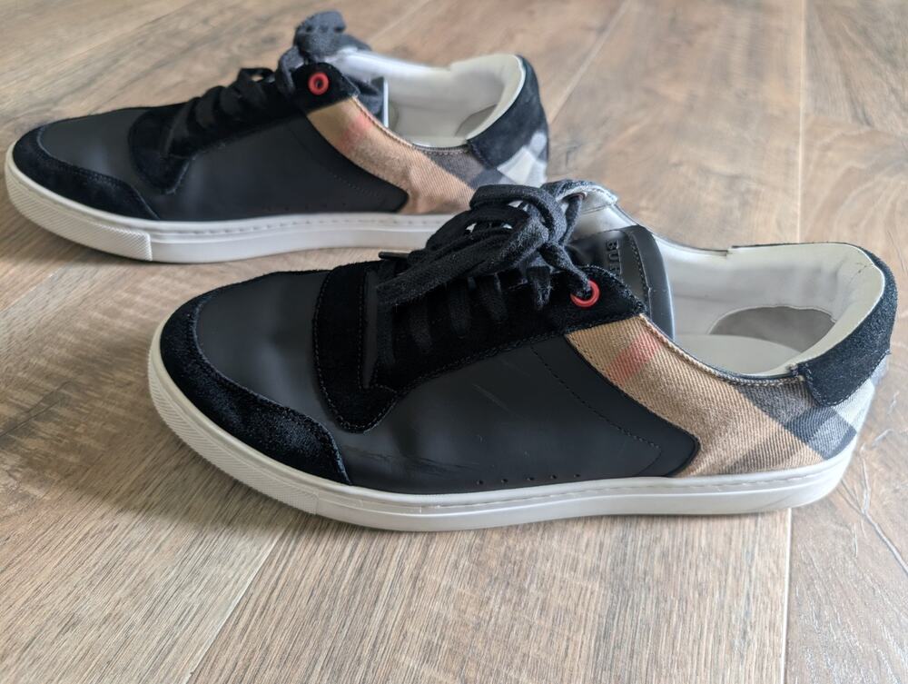 Burberry Men Reeth Low Top Leather Suede Check Sneakers Black White 43.5/10.5